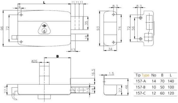 KALE 157/В анг.ключ 3 кл Замок накладной (20)