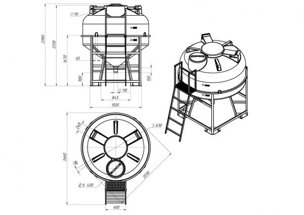 Емкость ЦКТ 3000 л с патрубком 160мм с фланцем белая в обрешетке с лестницей